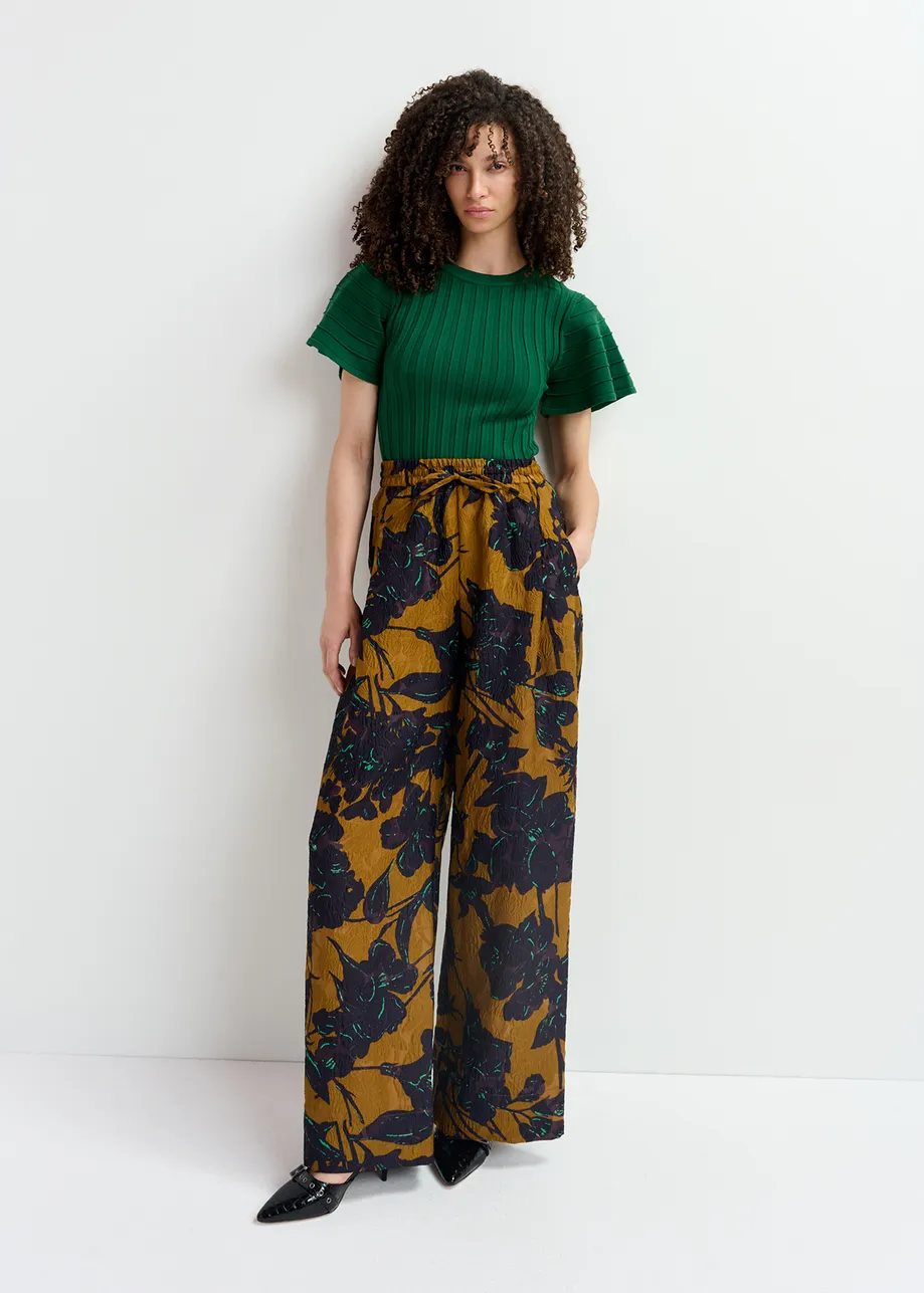 Bronze and navy blue wide-leg pants with floral print