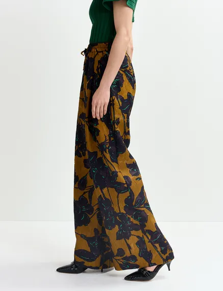 Bronze and navy blue wide-leg pants with floral print