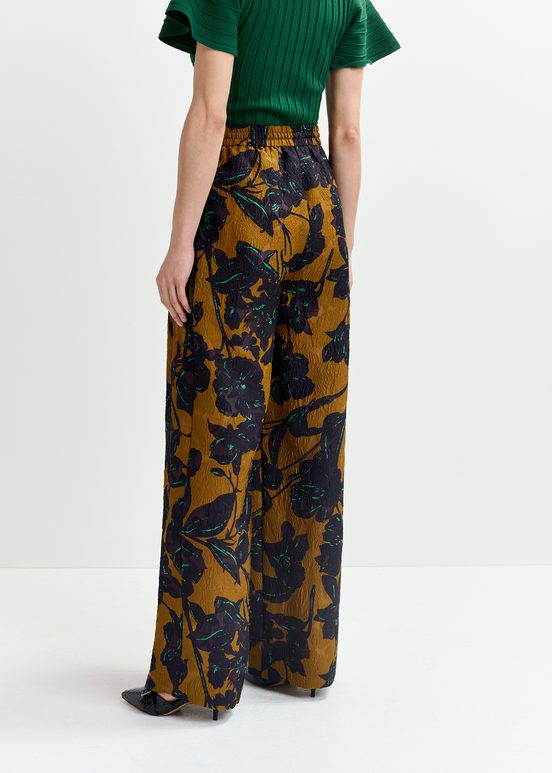 Bronze and navy blue wide-leg pants with floral print