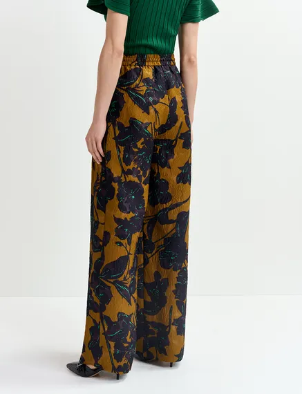 Bronze and navy blue wide-leg pants with floral print