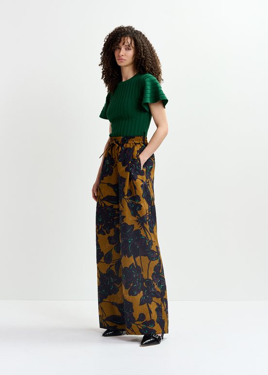 Bronzen en marineblauwe brede broek met bloemenprint