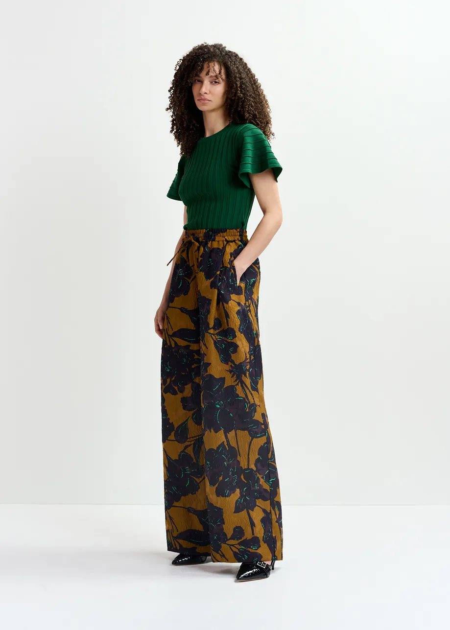 Bronze and navy blue wide-leg pants with floral print