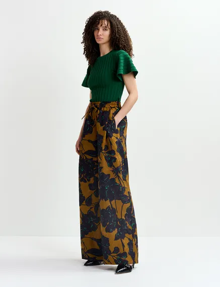 Bronze and navy blue wide-leg pants with floral print