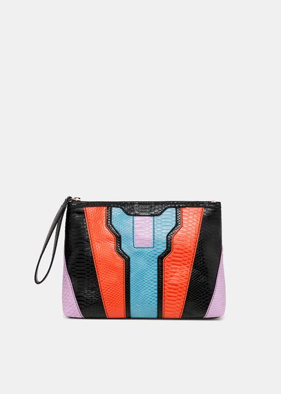 Black, orange and blue snake-effect faux leather pouch