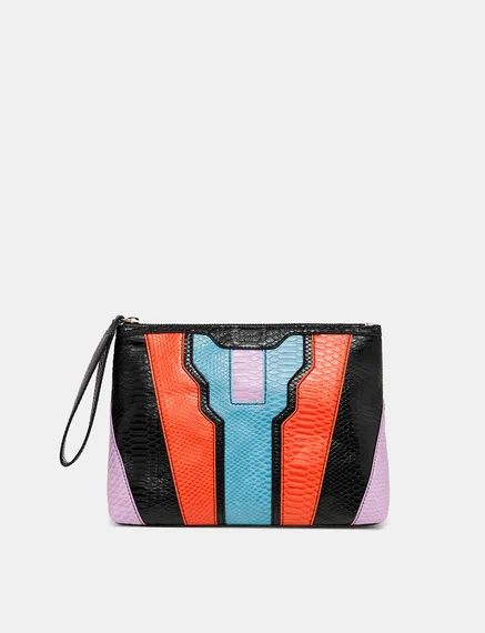 Black, orange and blue snake-effect faux leather pouch