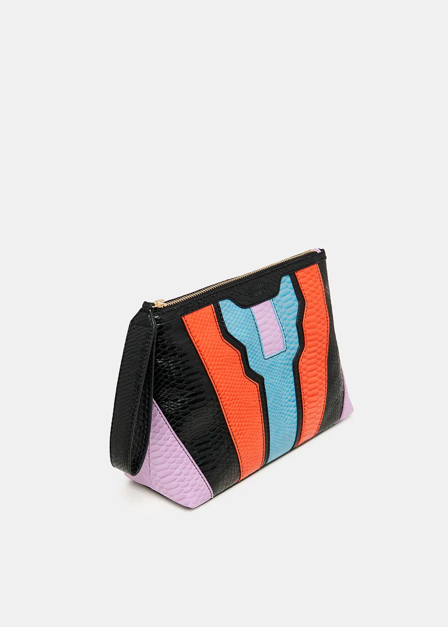 Black, orange and blue snake-effect faux leather pouch