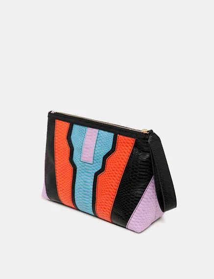 Black, orange and blue snake-effect faux leather pouch