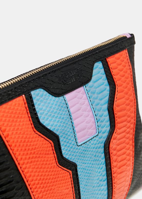 Black, orange and blue snake-effect faux leather pouch