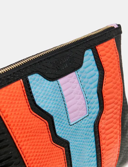 Black, orange and blue snake-effect faux leather pouch