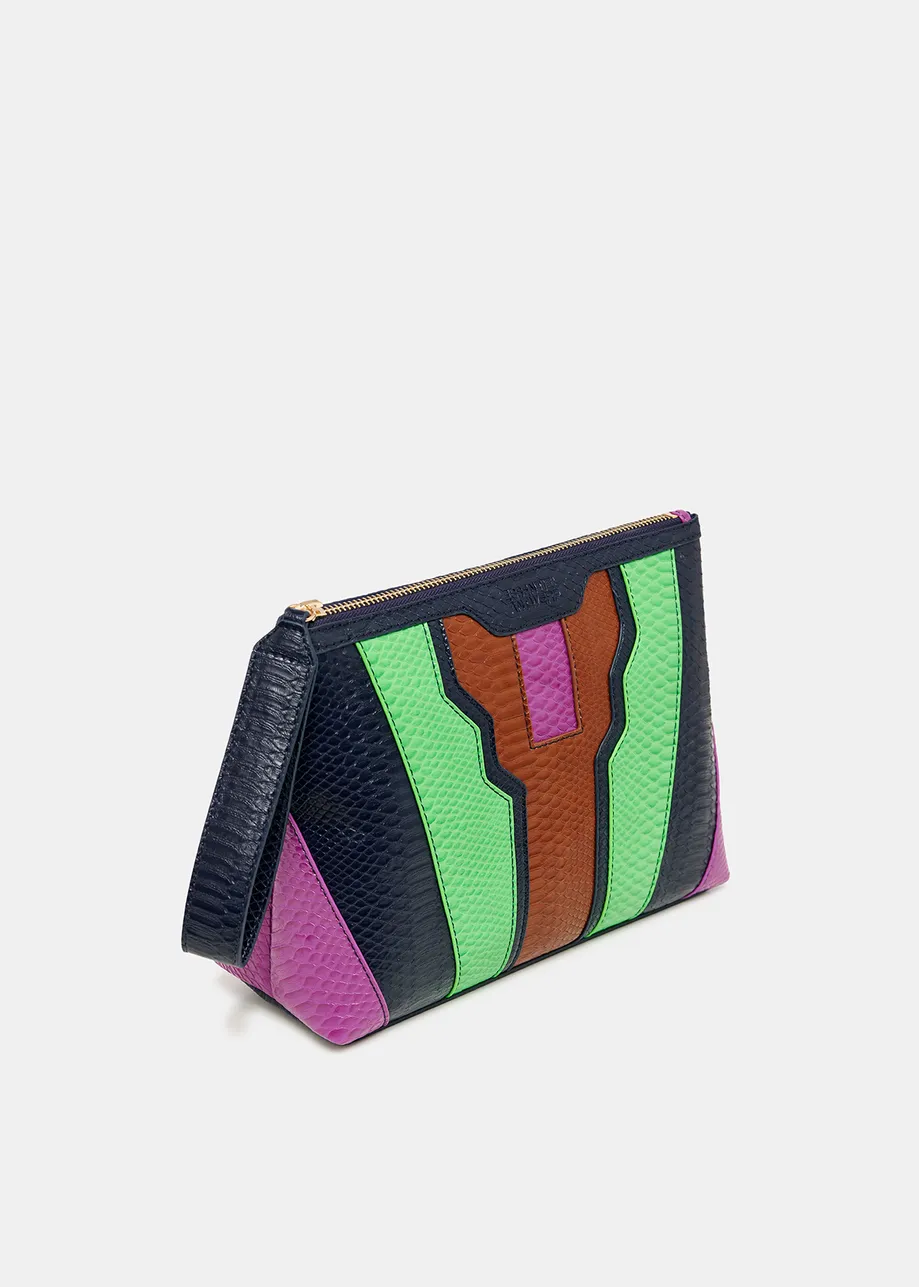 Navy blue, green and brown snake-effect faux leather pouch