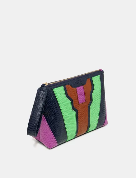 Navy blue, green and brown snake-effect faux leather pouch