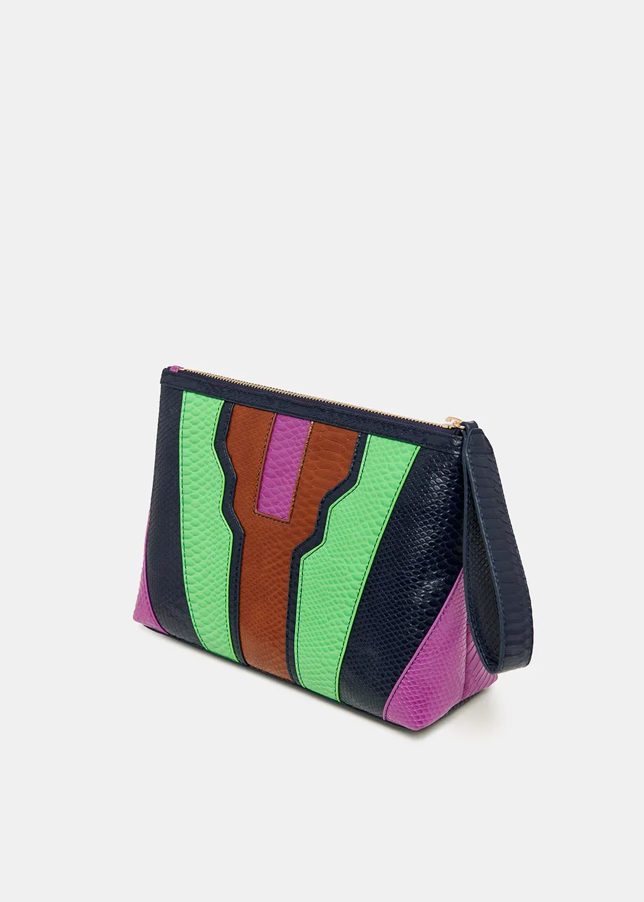 Navy blue, green and brown snake-effect faux leather pouch