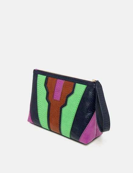 Navy blue, green and brown snake-effect faux leather pouch