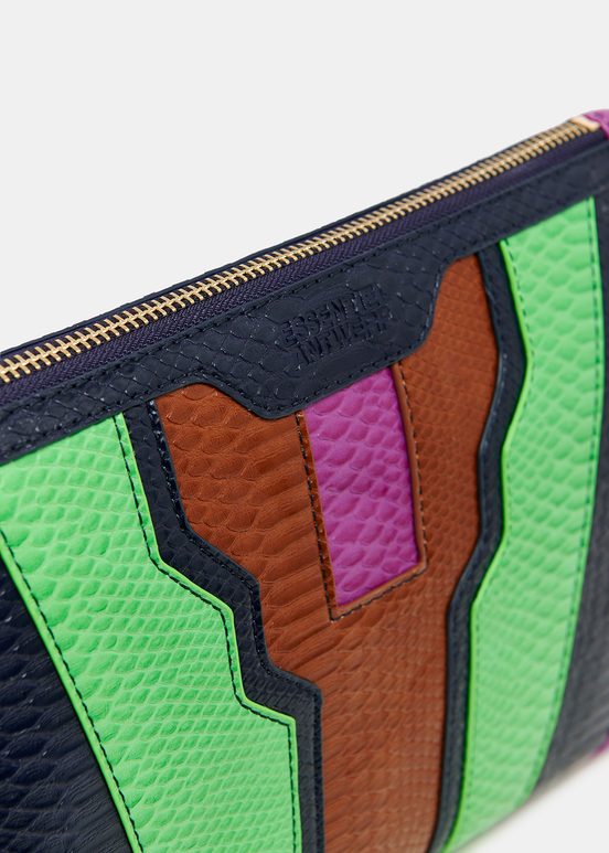 Navy blue, green and brown snake-effect faux leather pouch