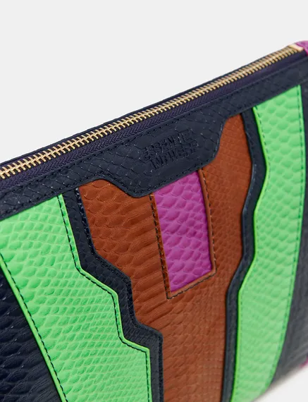 Pochette in ecopelle effetto serpente nera, verde e marrone