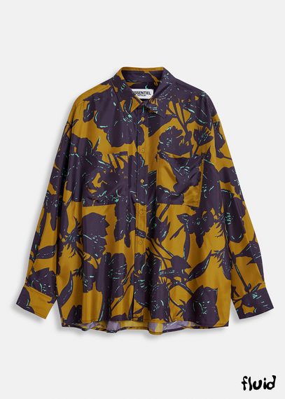 Chemise en soie à imprimé fleuri bronze et bleu marine