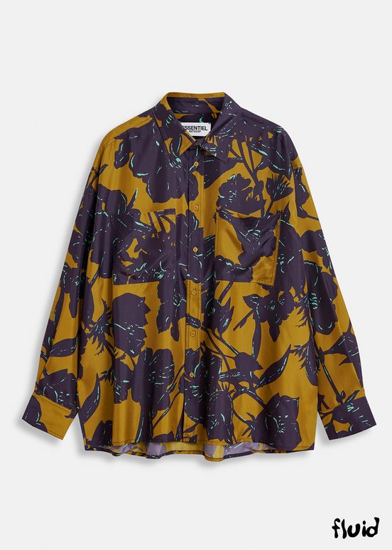 Chemise en soie à imprimé fleuri bronze et bleu marine