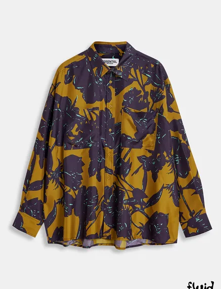 Bronze and navy blue silk shirt with floral print