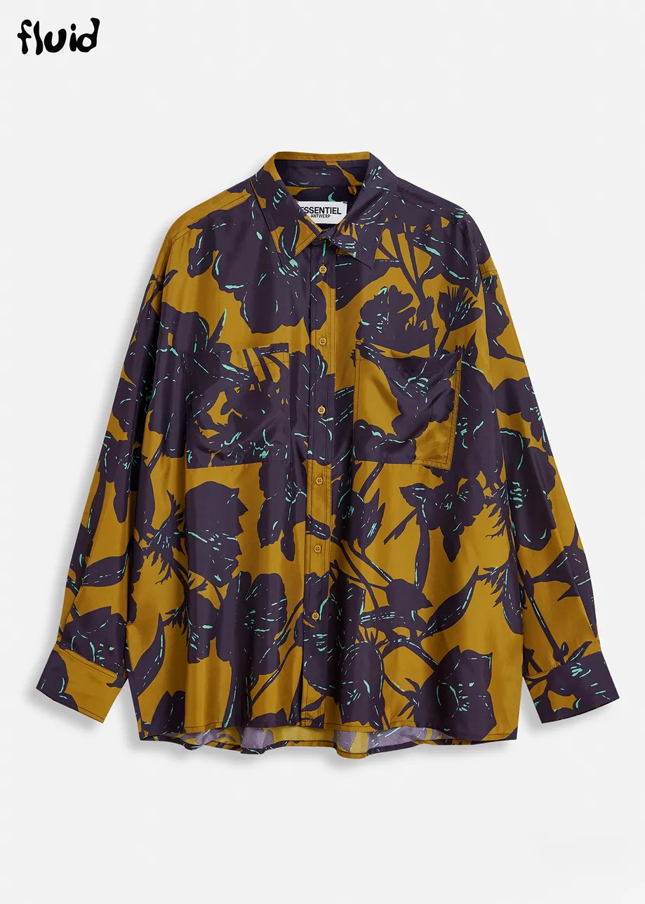 Bronze and navy blue silk shirt with floral print