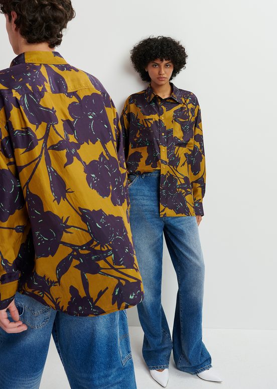 Bronze and navy blue silk shirt with floral print