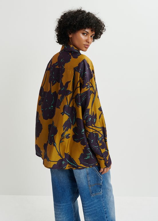 Bronze and navy blue silk shirt with floral print