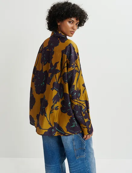 Bronze and navy blue silk shirt with floral print