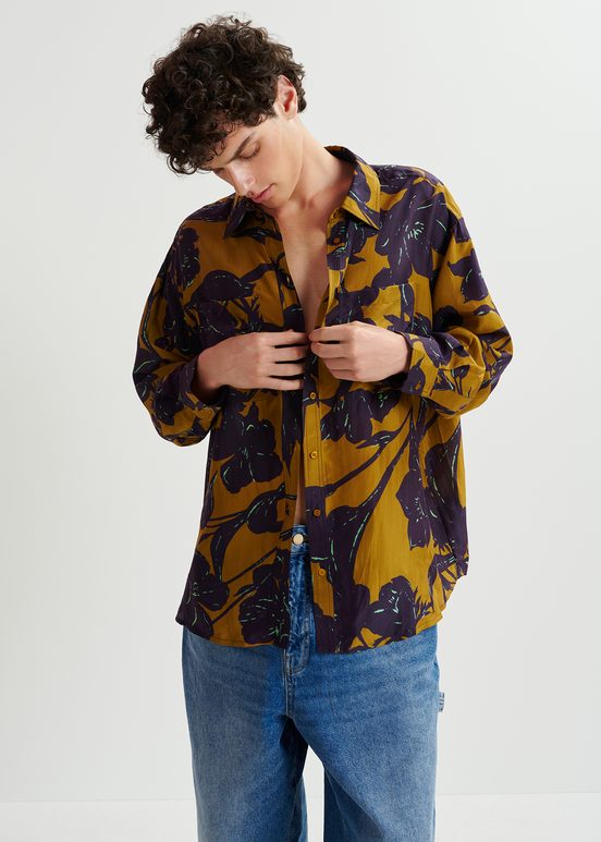 Bronze and navy blue silk shirt with floral print