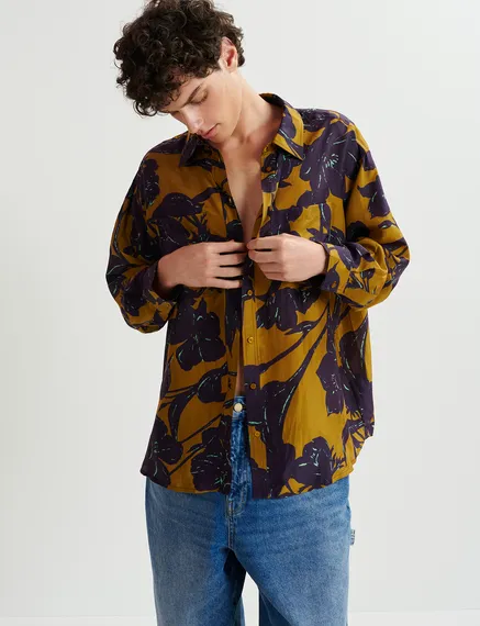 Bronze and navy blue silk shirt with floral print