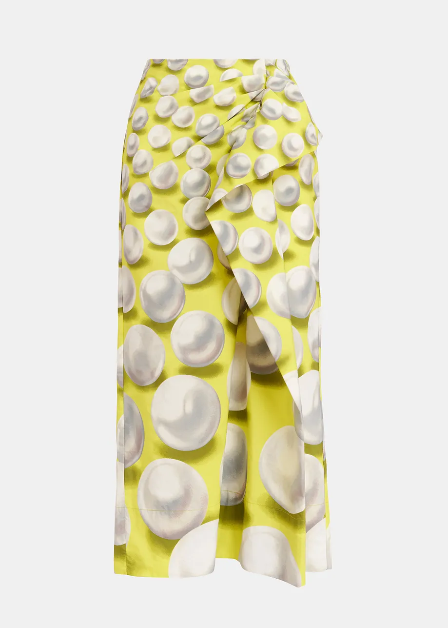 Yellow draped midi skirt with graphic print