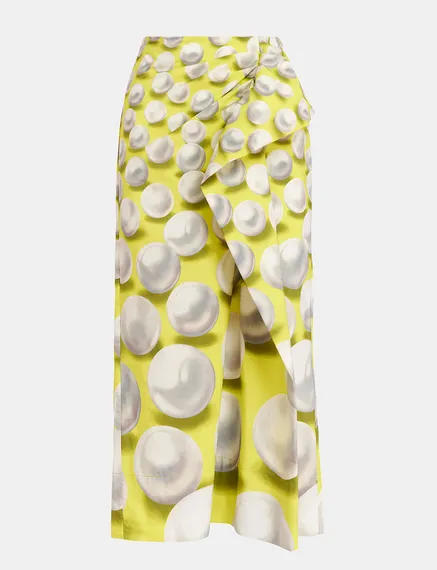 Yellow draped midi skirt with graphic print