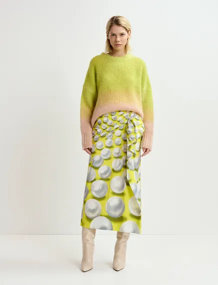 Yellow draped midi skirt with graphic print