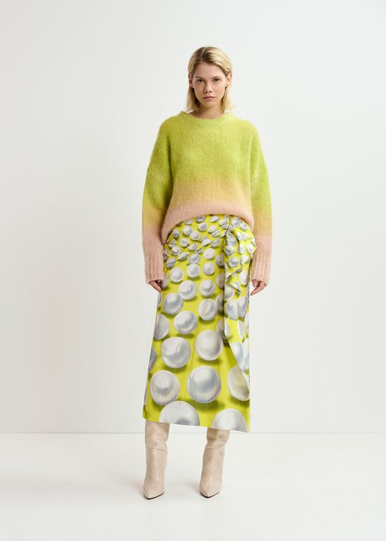 Yellow draped midi skirt with graphic print