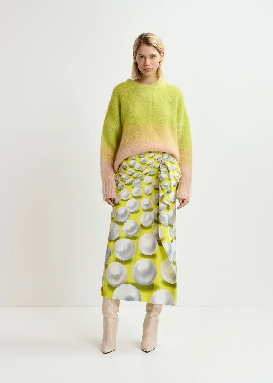 Yellow draped midi skirt with graphic print