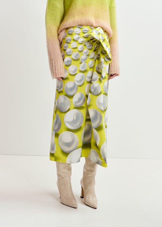 Gele gedrapeerde midirok met grafische print