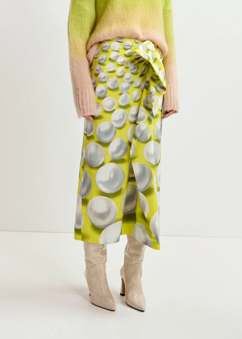 Yellow draped midi skirt with graphic print