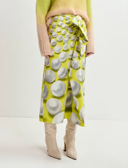 Yellow draped midi skirt with graphic print