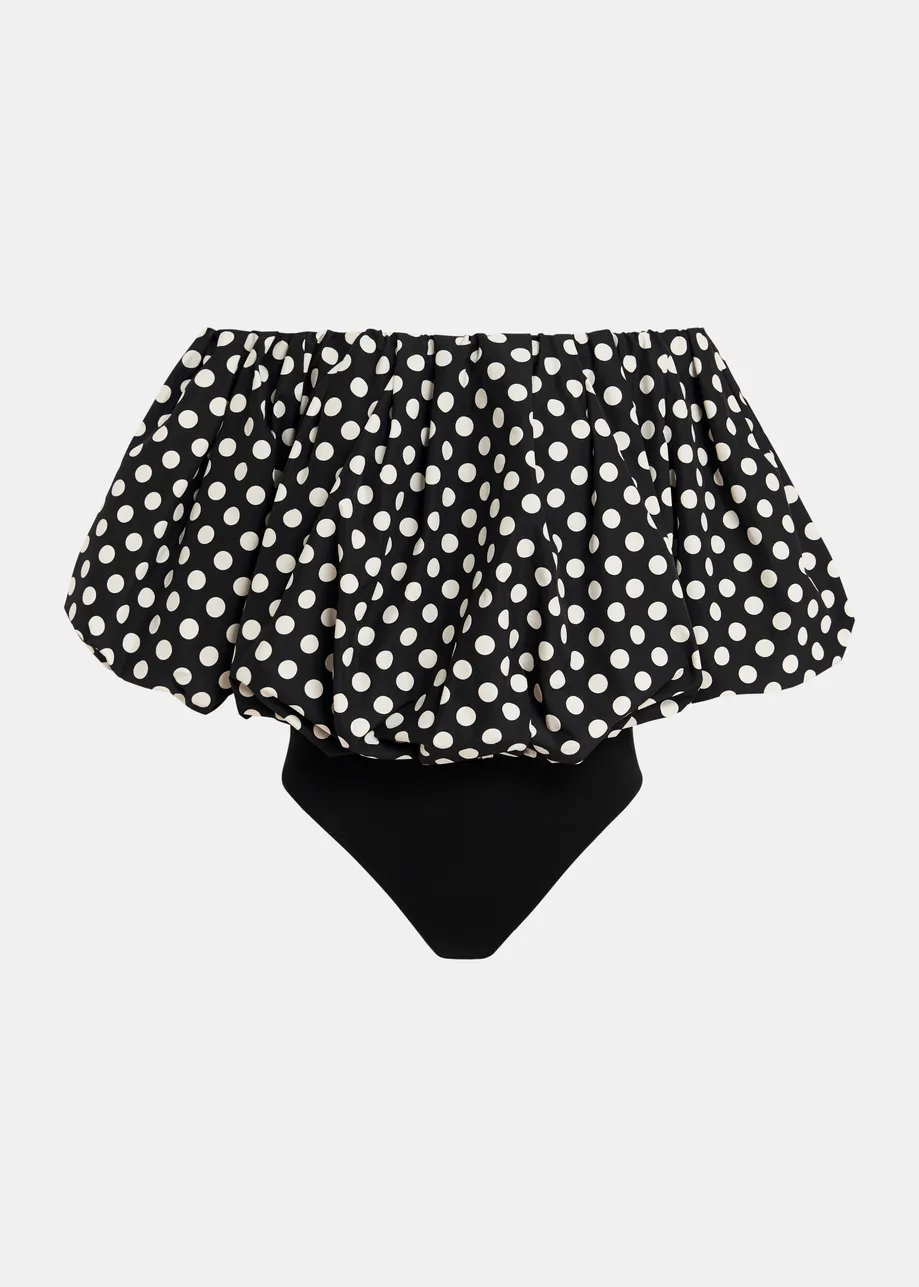 Black and white polka-dot gathered bodysuit with puffed sleeves