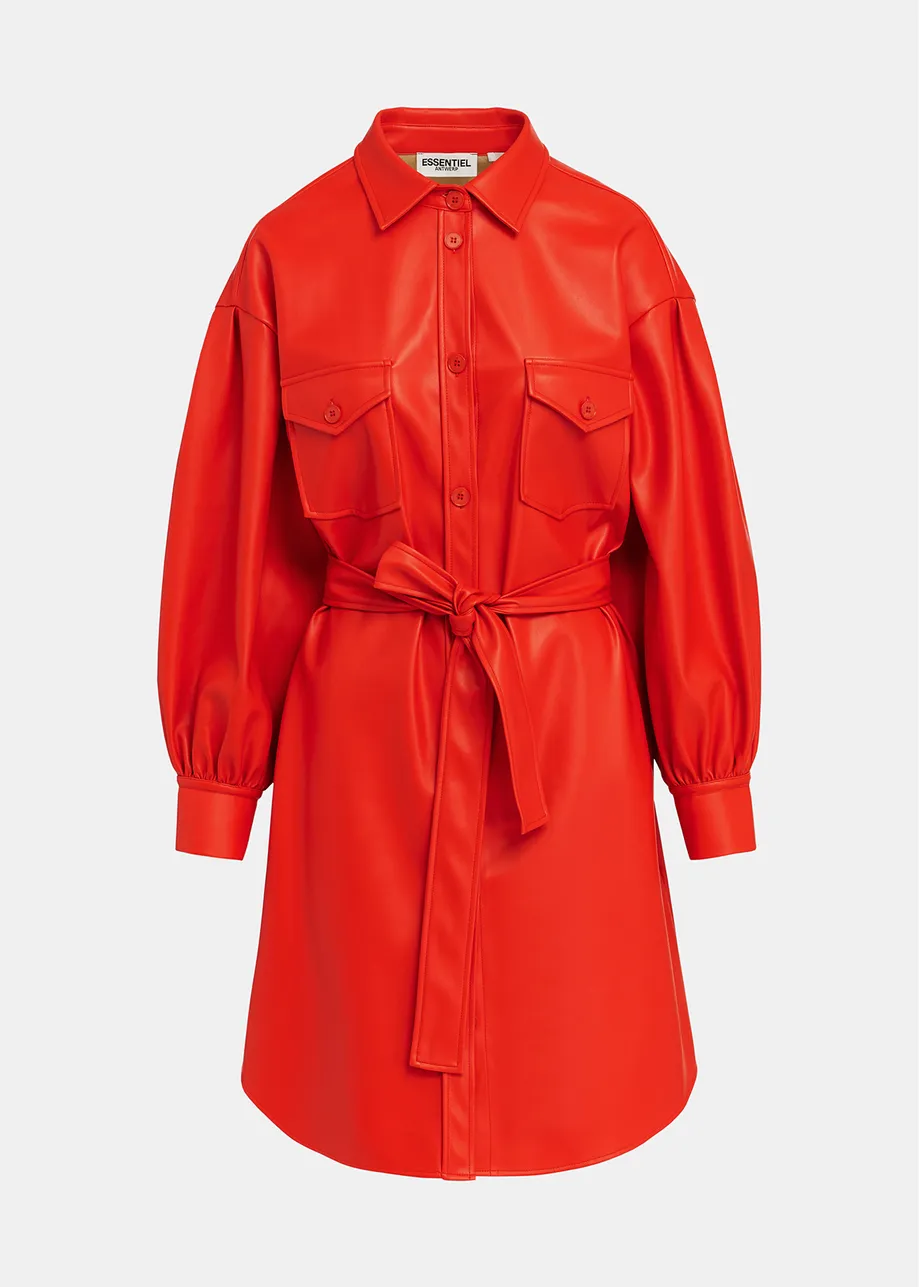 Red faux leather shirt dress