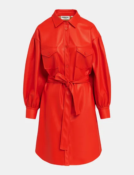 Red faux leather shirt dress