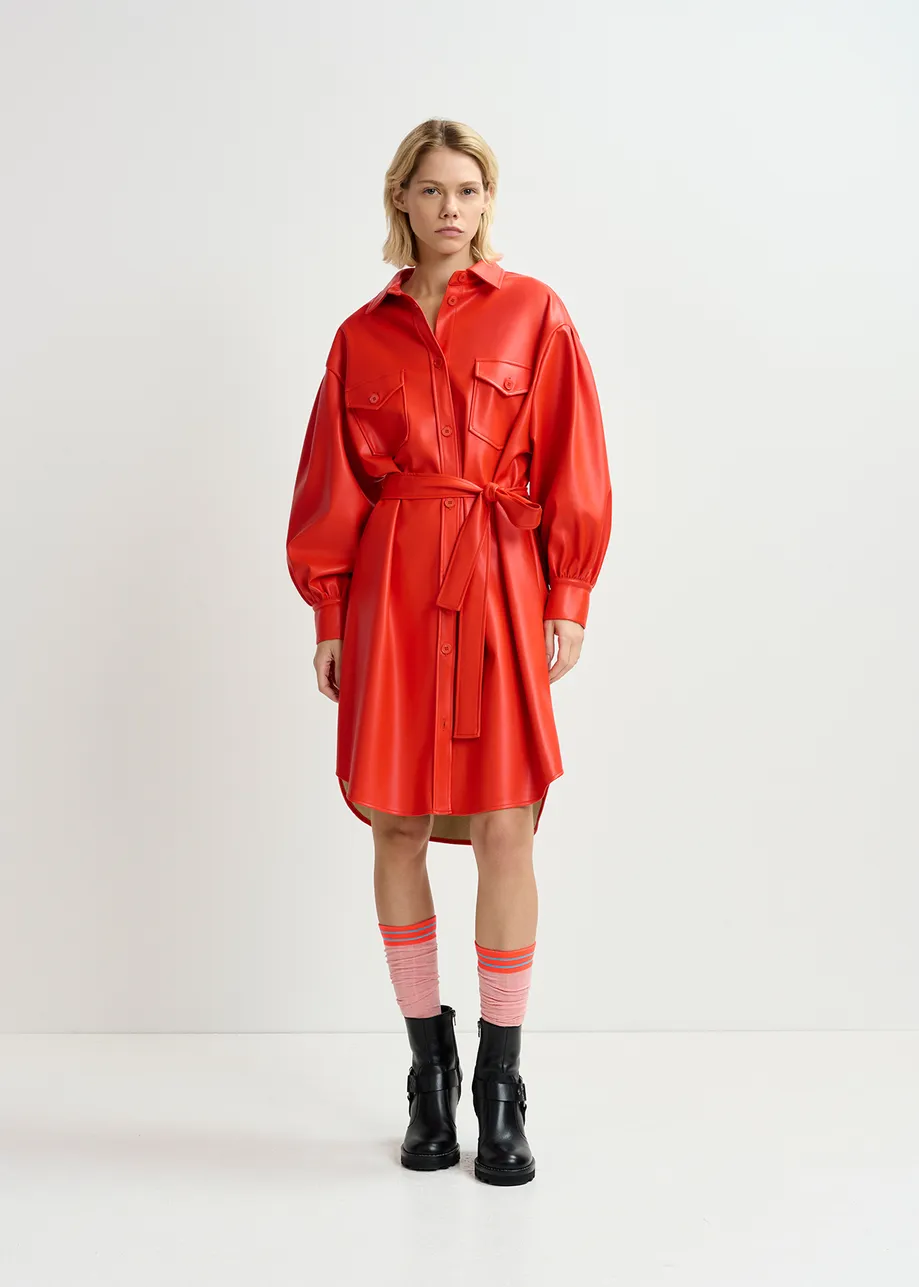 Red faux leather shirt dress