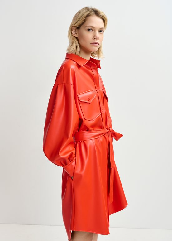 Red faux leather shirt dress