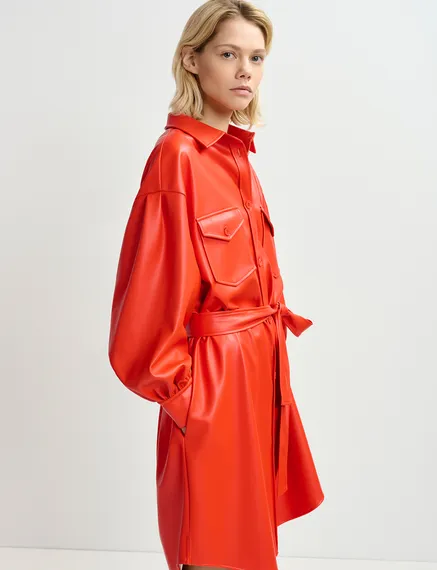 Red faux leather shirt dress