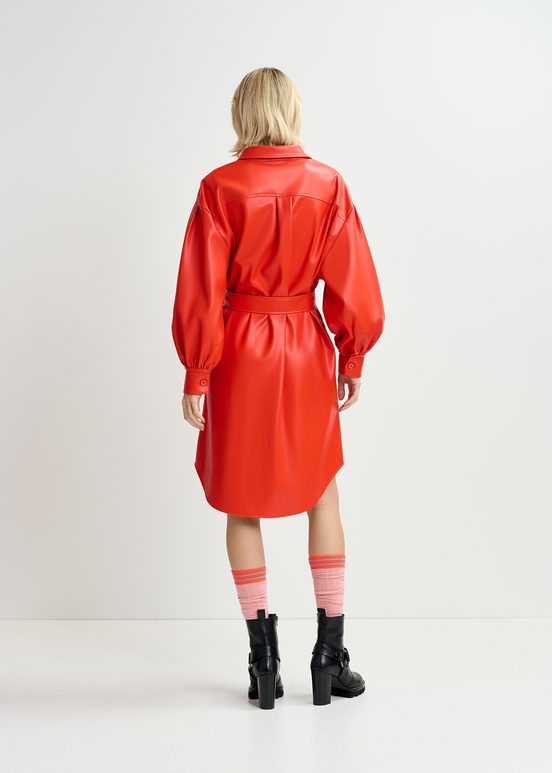 Red faux leather shirt dress