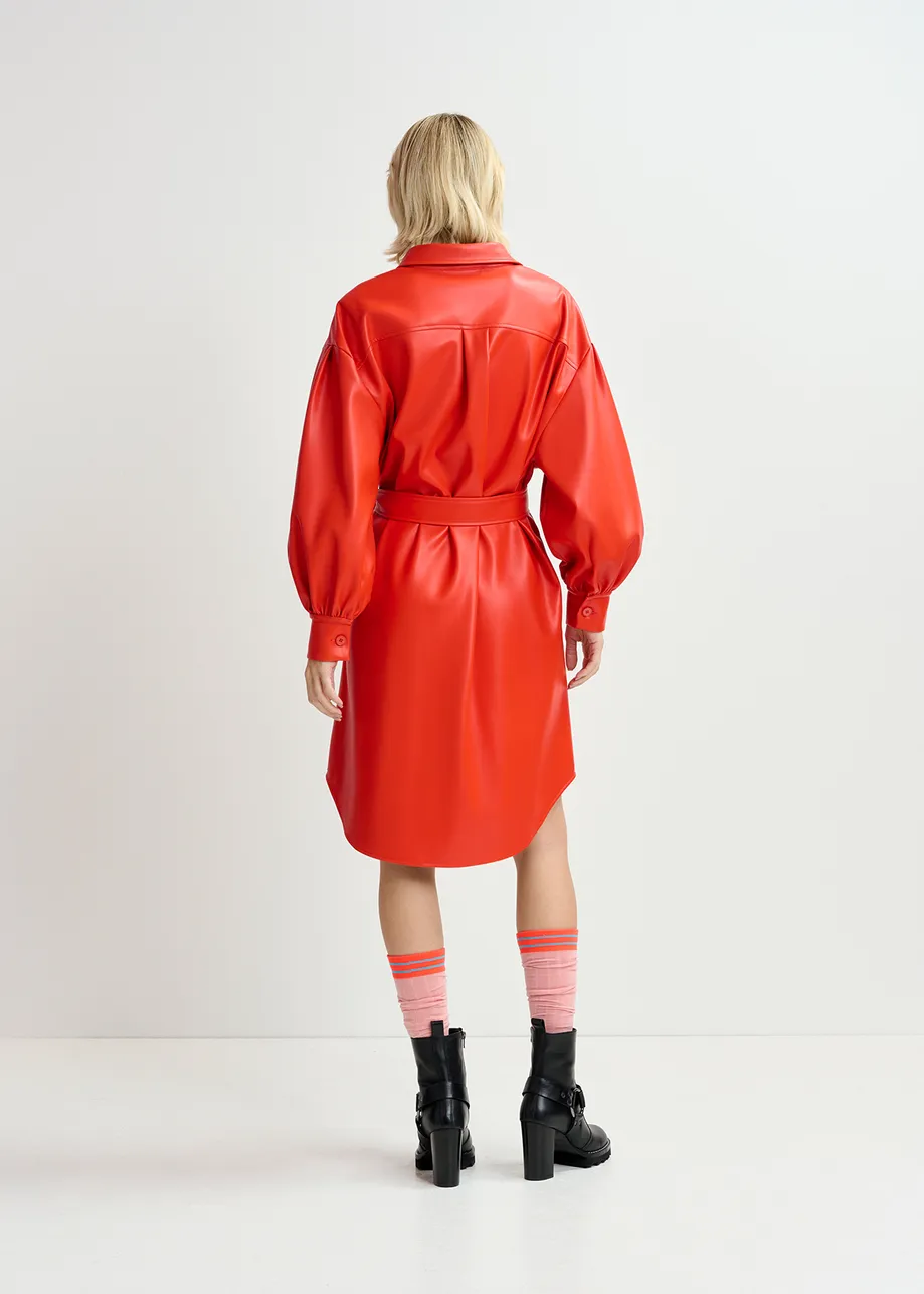 Red faux leather shirt dress