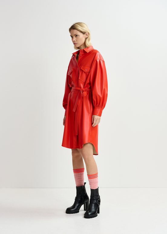 Red faux leather shirt dress