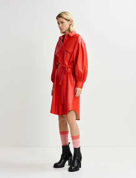 Red faux leather shirt dress