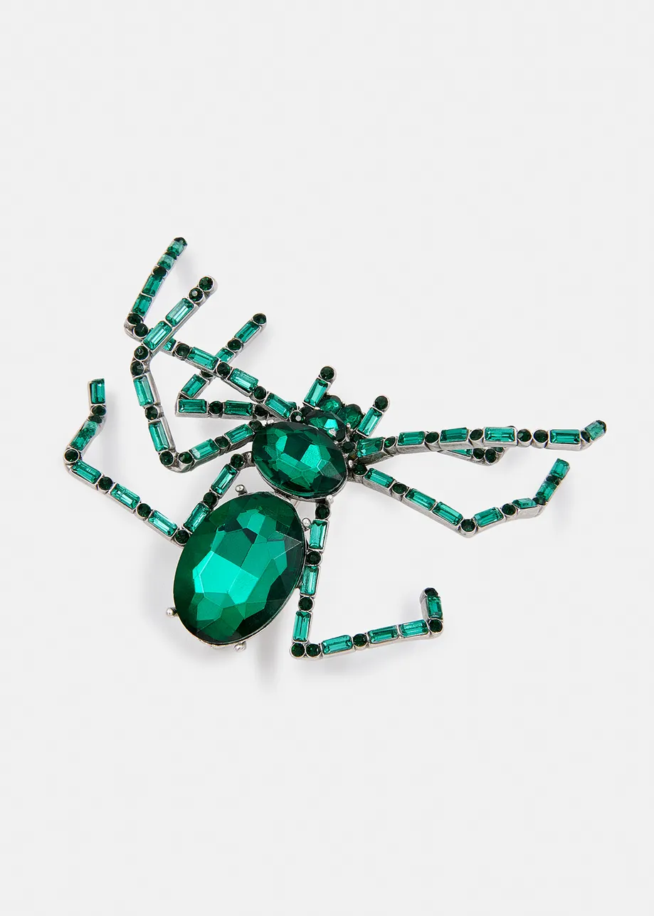 Dark green rhinestone spider brooch