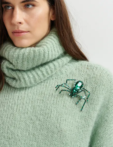 Dark green rhinestone spider brooch