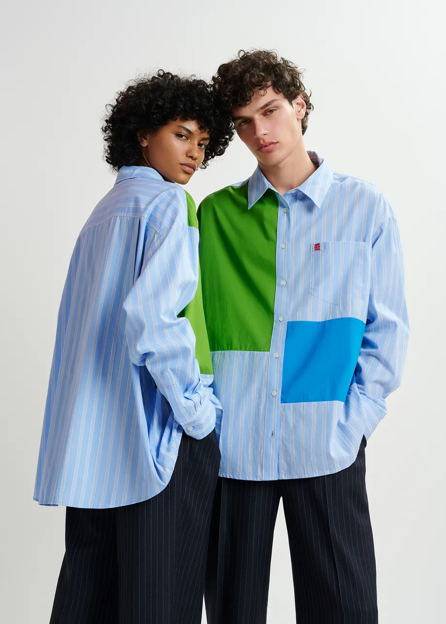 Blue and white striped patchwork shirt