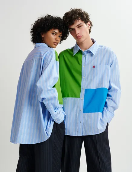 Blue and white striped patchwork shirt